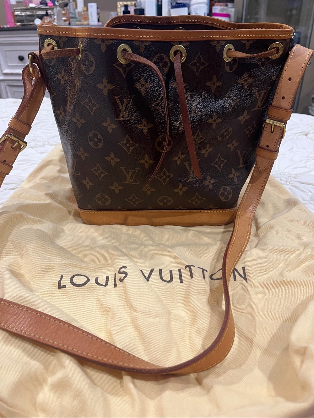 Louis Vuitton Monogram Drawstring Bucket Shoulder Bag in Brown and Tan